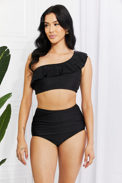 Marina West Swim Seaside Romance Ruffle One-Shoulder Bikini in Black - UrbanEthereal