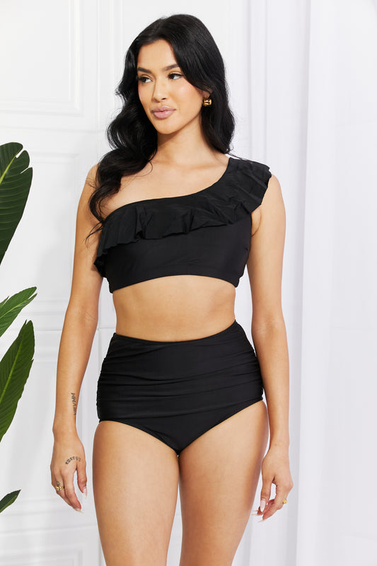 Marina West Swim Seaside Romance Ruffle One-Shoulder Bikini in Black - UrbanEthereal