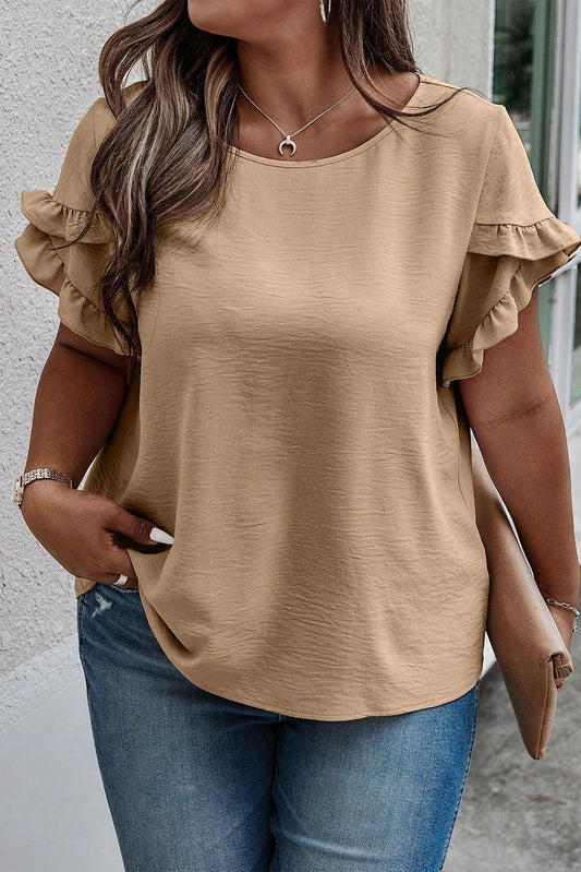 Plus Size Ruffled Petal Sleeve Round Neck T-Shirt - UrbanEthereal