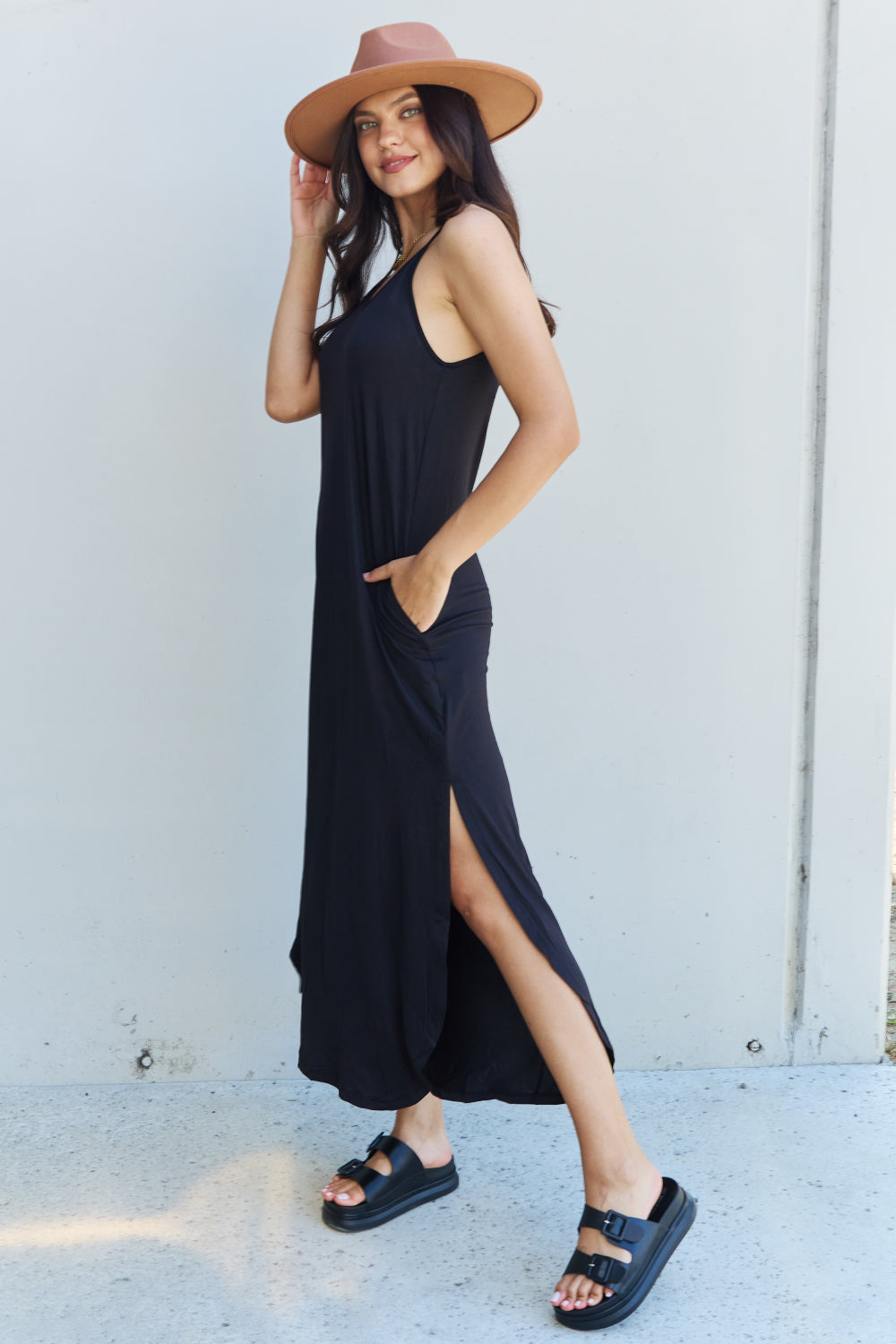 Ninexis Good Energy Full Size Cami Side Slit Maxi Dress in Black - UrbanEthereal