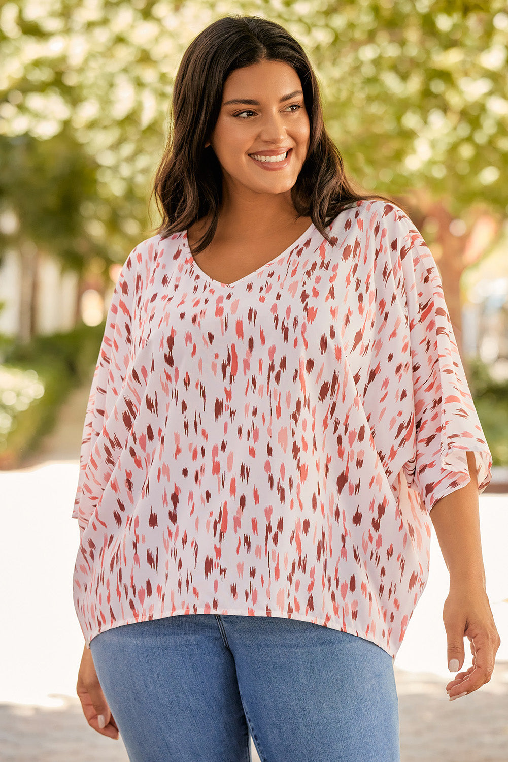 Plus Size Printed V-Neck Blouse - UrbanEthereal
