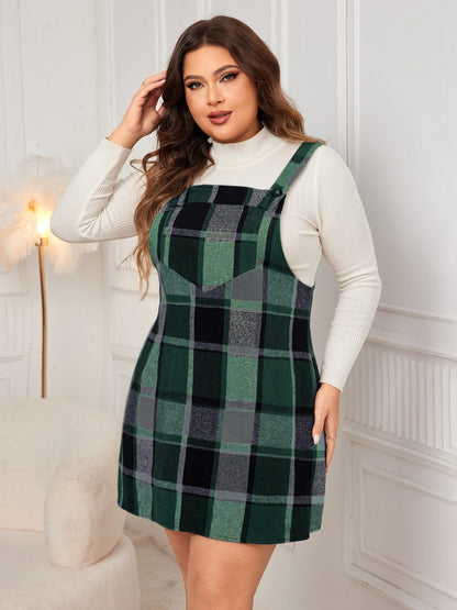 Plus Size Plaid Wide Strap Overall Dress - UrbanEthereal
