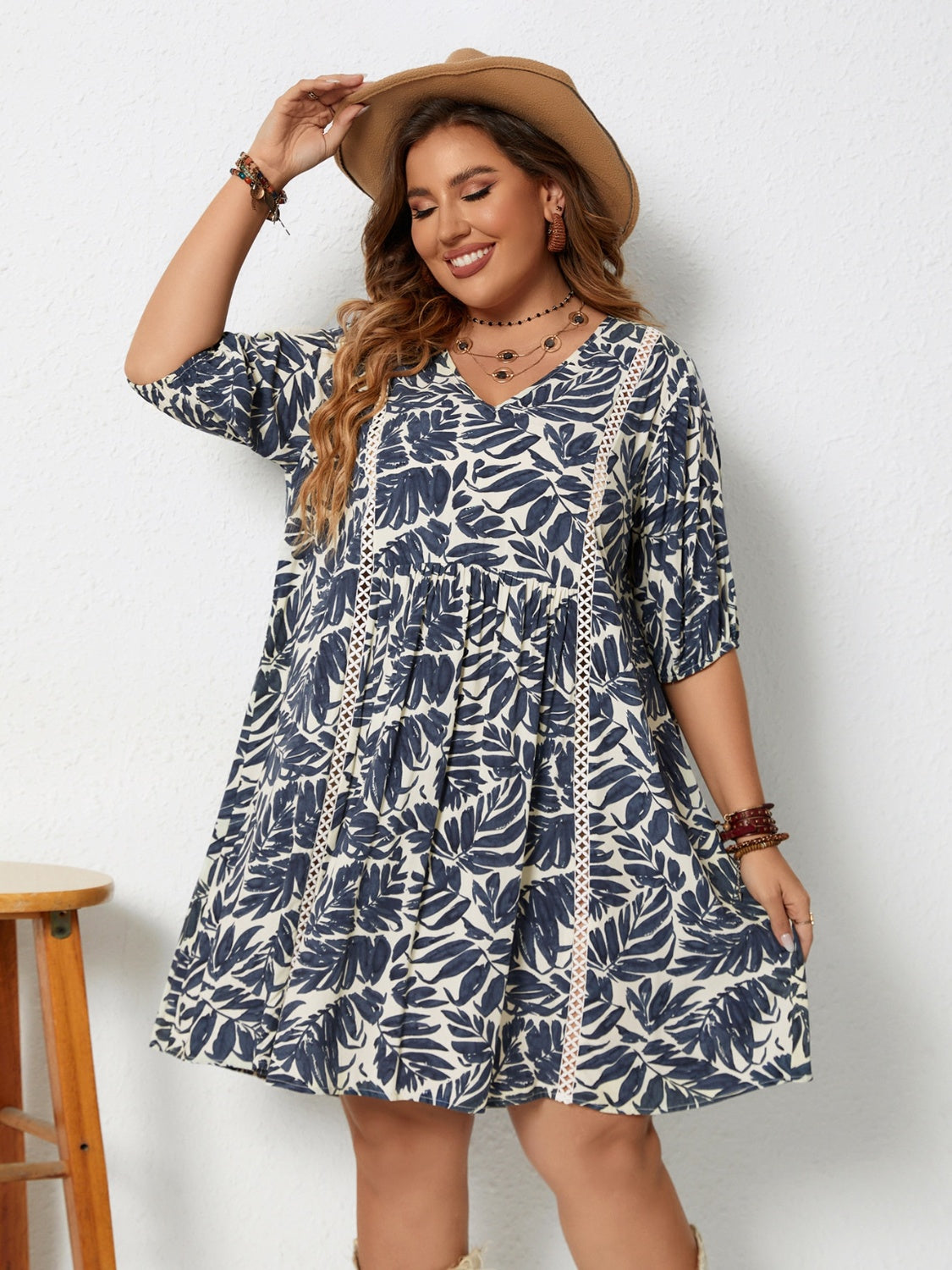 Plus Size Printed V-Neck Half Sleeve Mini Dress - UrbanEthereal