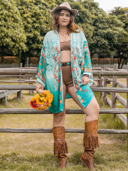Plus Size Printed Open Front Long Sleeve Cover Up - UrbanEthereal