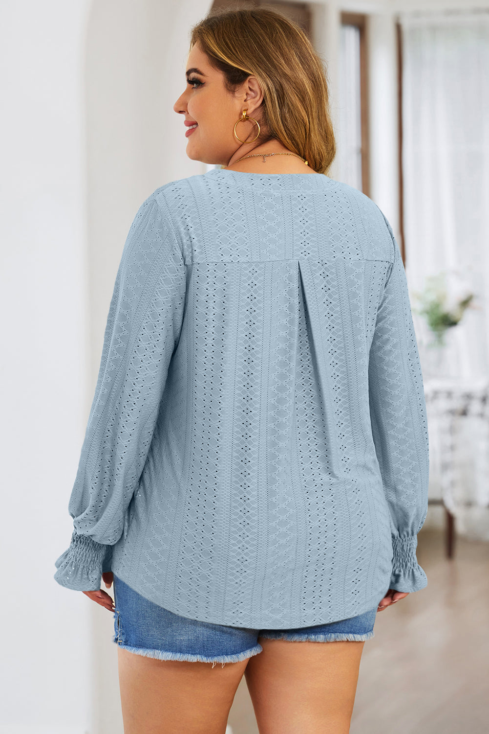 Plus Size Eyelet Notched Flounce Sleeve Blouse - UrbanEthereal