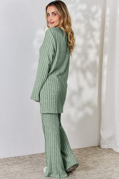 Basic Bae Full Size Ribbed High-Low Top and Wide Leg Pants Set - UrbanEthereal