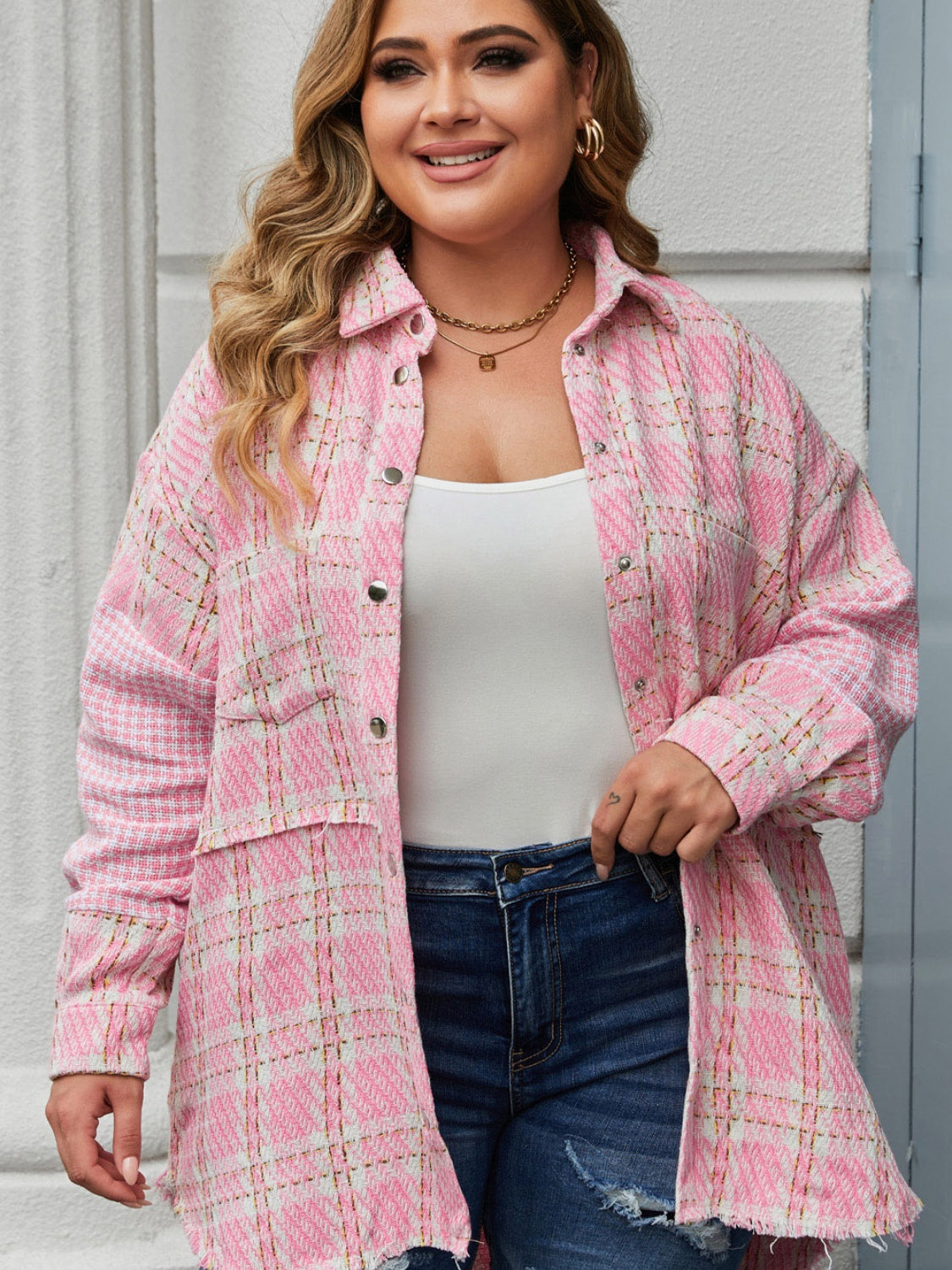 Plus Size Plaid Pocketed Snap Down Jacket - UrbanEthereal