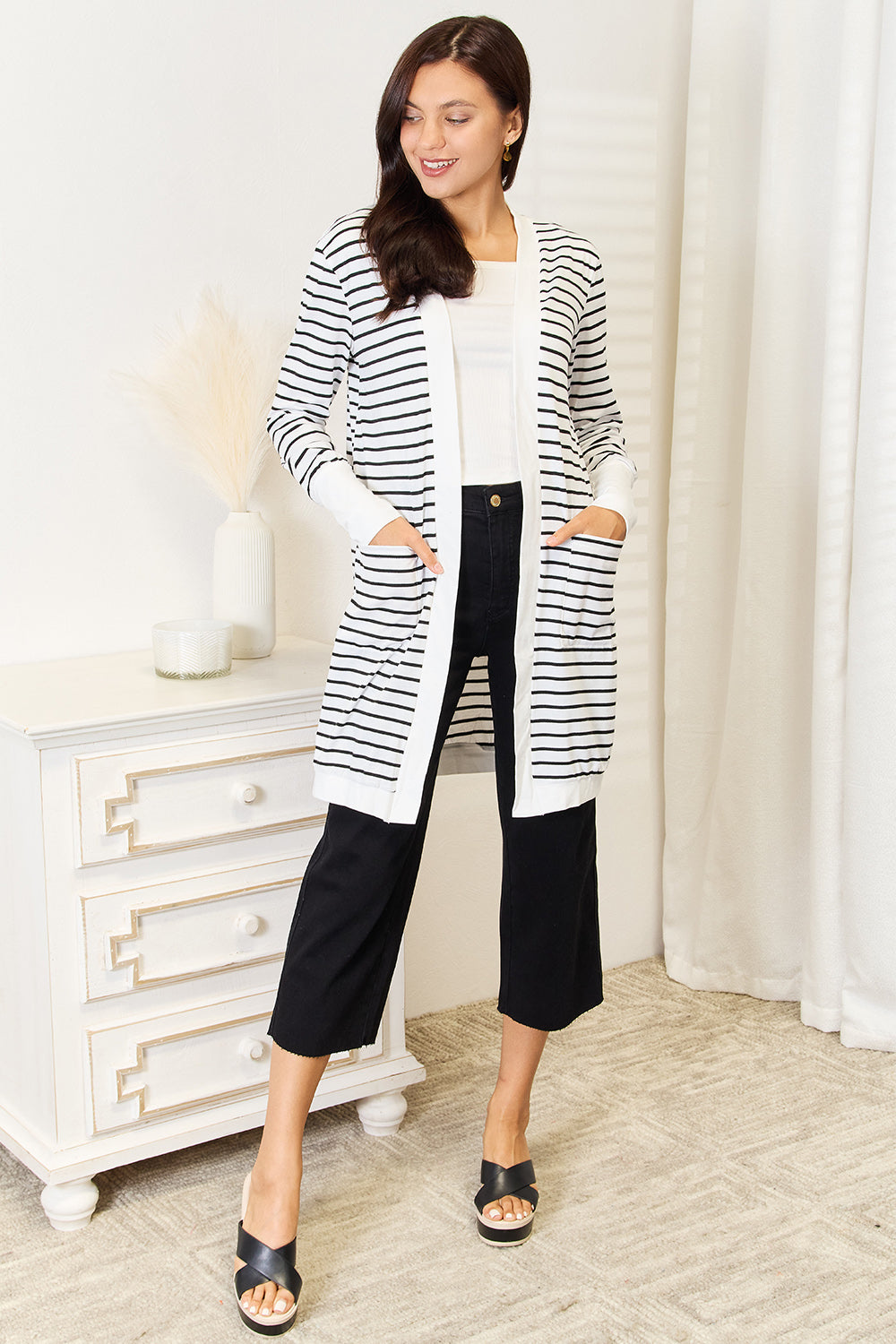 Double Take Striped Open Front Longline Cardigan - UrbanEthereal