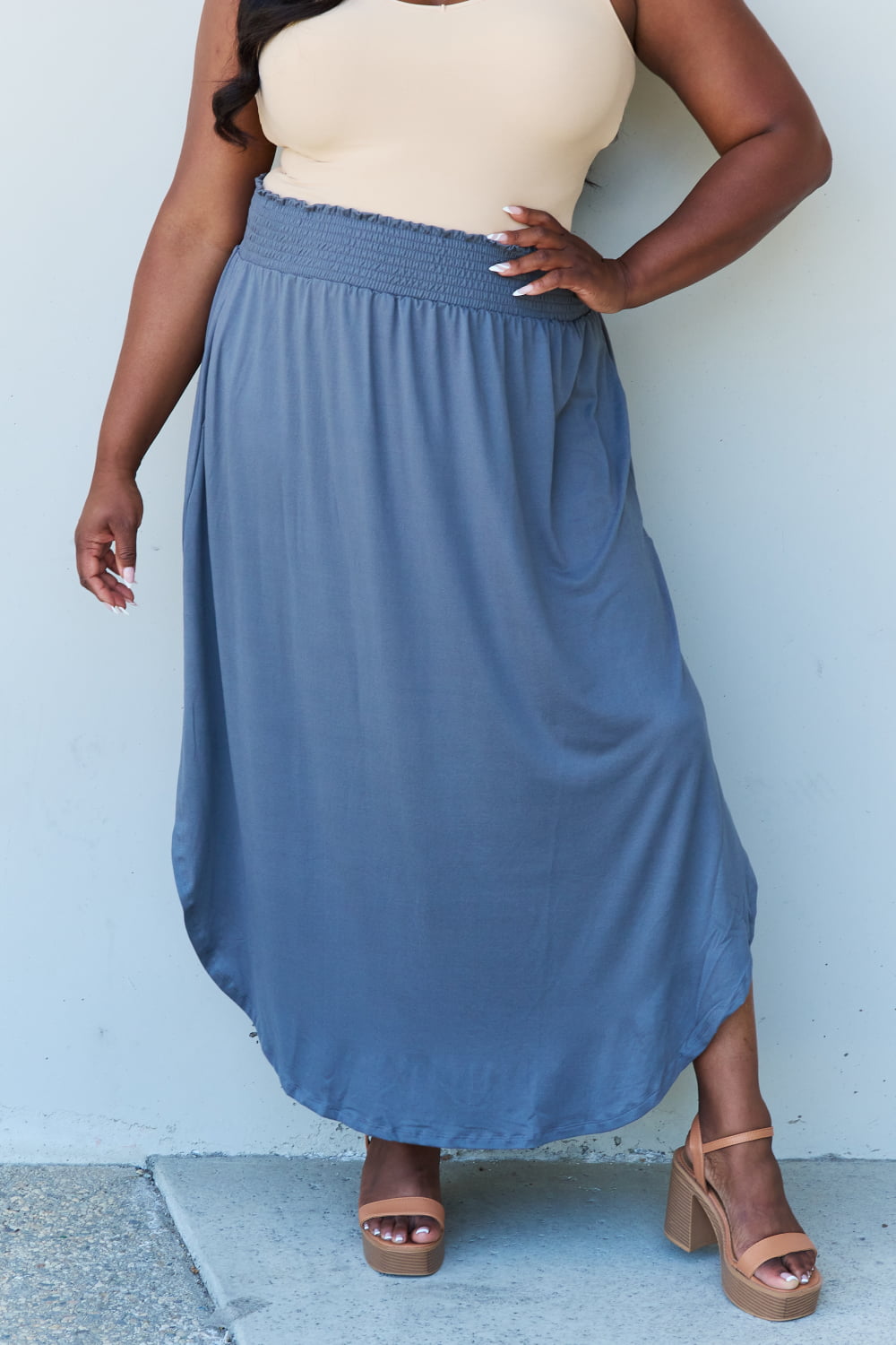 Doublju Comfort Princess Full Size High Waist Scoop Hem Maxi Skirt in Charcoal - UrbanEthereal