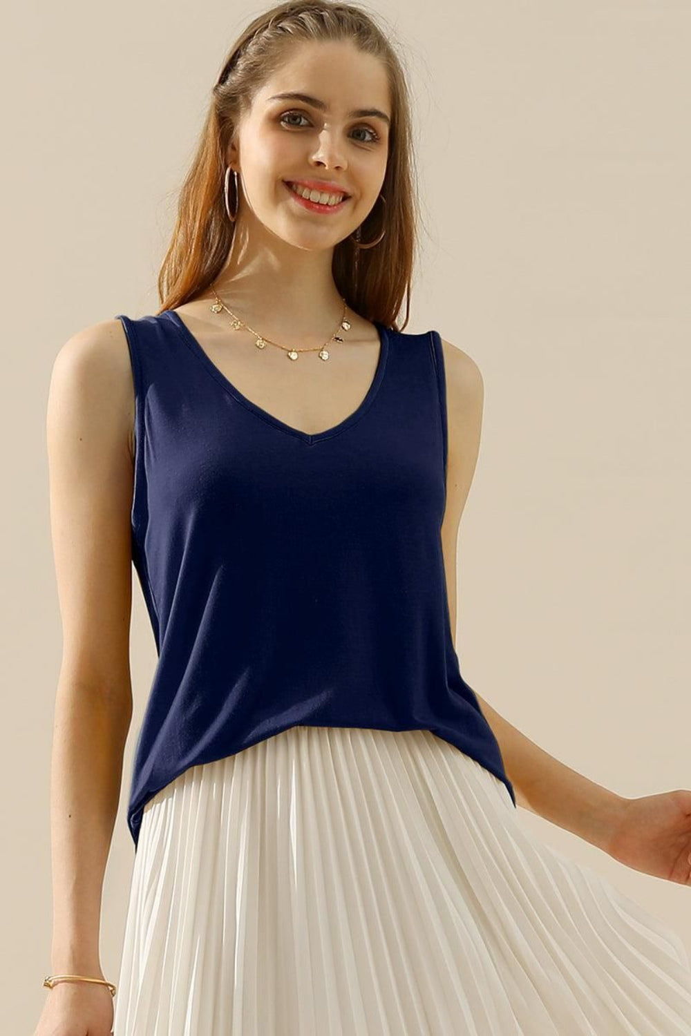 Ninexis Full Size V-Neck Curved Hem Tank - UrbanEthereal