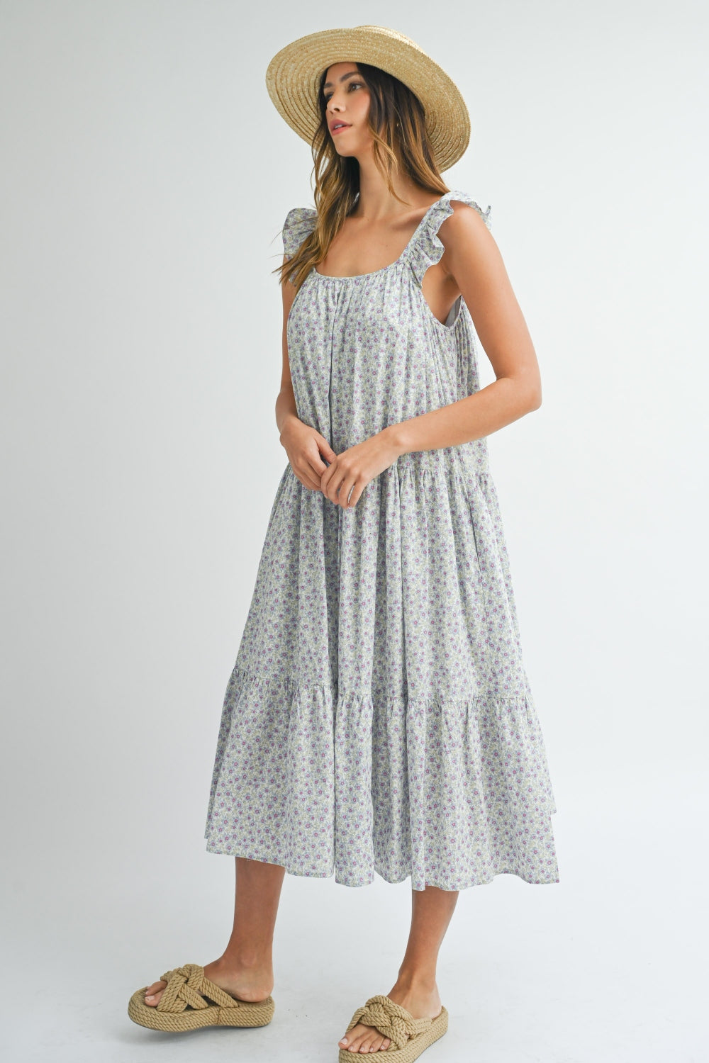 MABLE Floral Ruffle Shoulder Tiered Midi Dress - UrbanEthereal