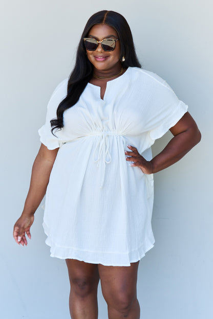 Ninexis Out Of Time Full Size Ruffle Hem Dress with Drawstring Waistband in White - UrbanEthereal