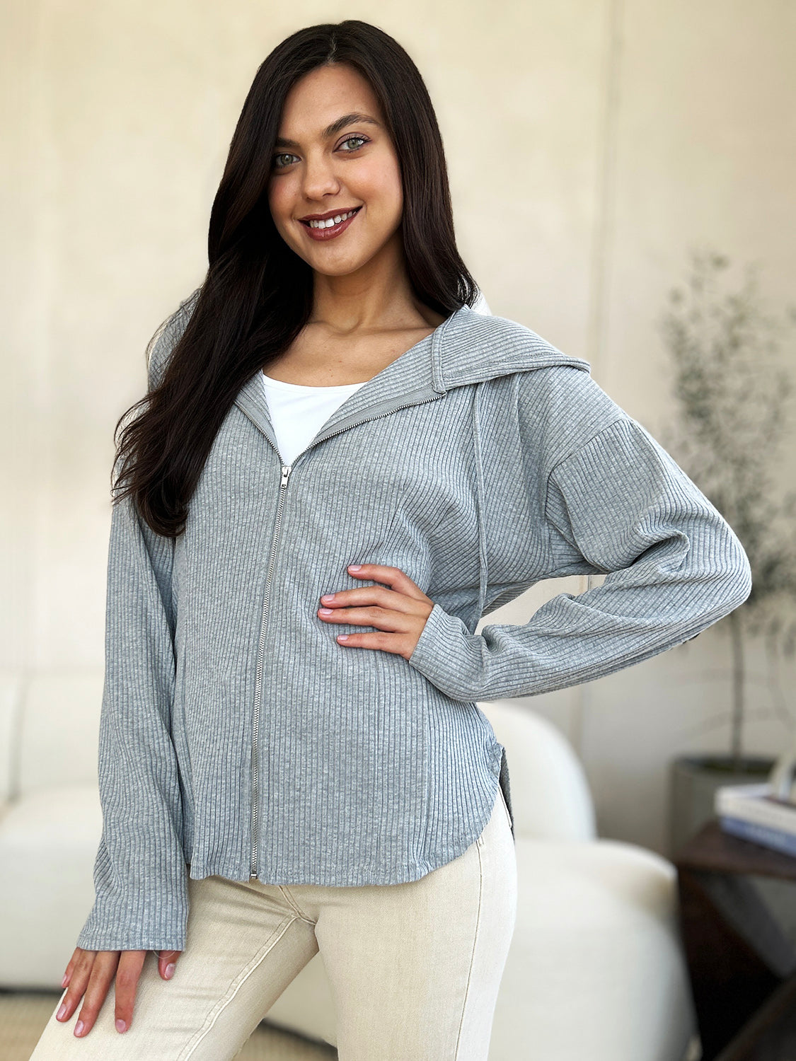 Culture Code Full Size Ribbed Zip Up Drawstring Hooded Jacket - UrbanEthereal