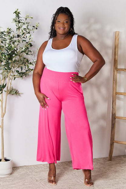 Double Take Full Size Smocked Wide Waistband Wide Leg Pants - UrbanEthereal