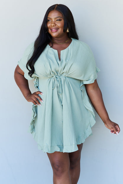 Ninexis Out Of Time Full Size Ruffle Hem Dress with Drawstring Waistband in Light Sage - UrbanEthereal