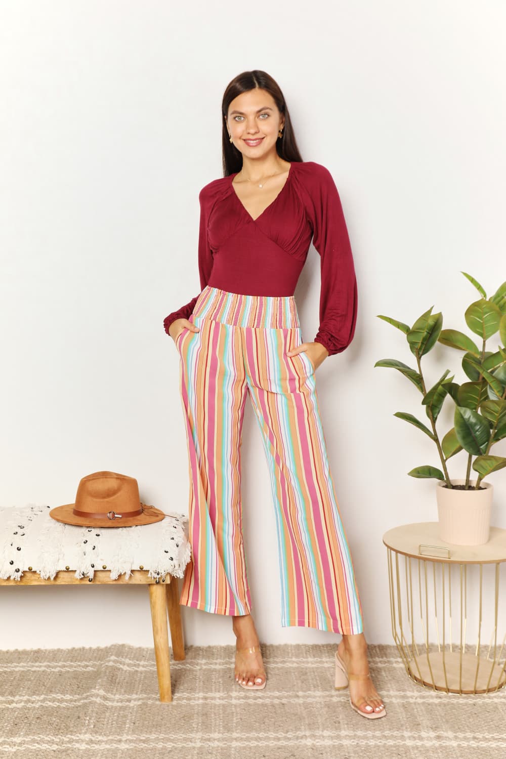 Double Take Striped Smocked Waist Pants with Pockets - UrbanEthereal