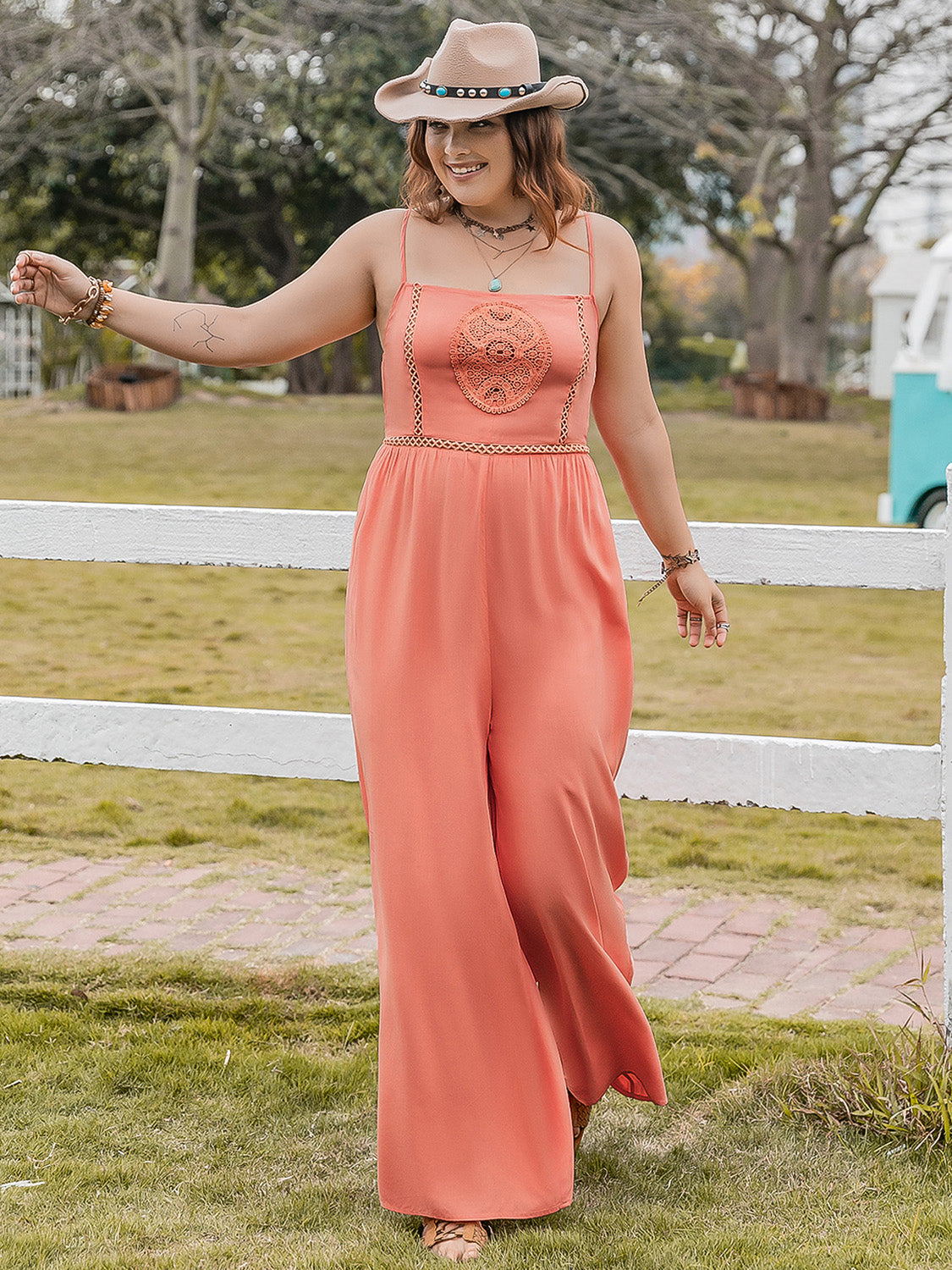Plus Size Lace Detail Spaghetti Strap Wide Leg Jumpsuit - UrbanEthereal