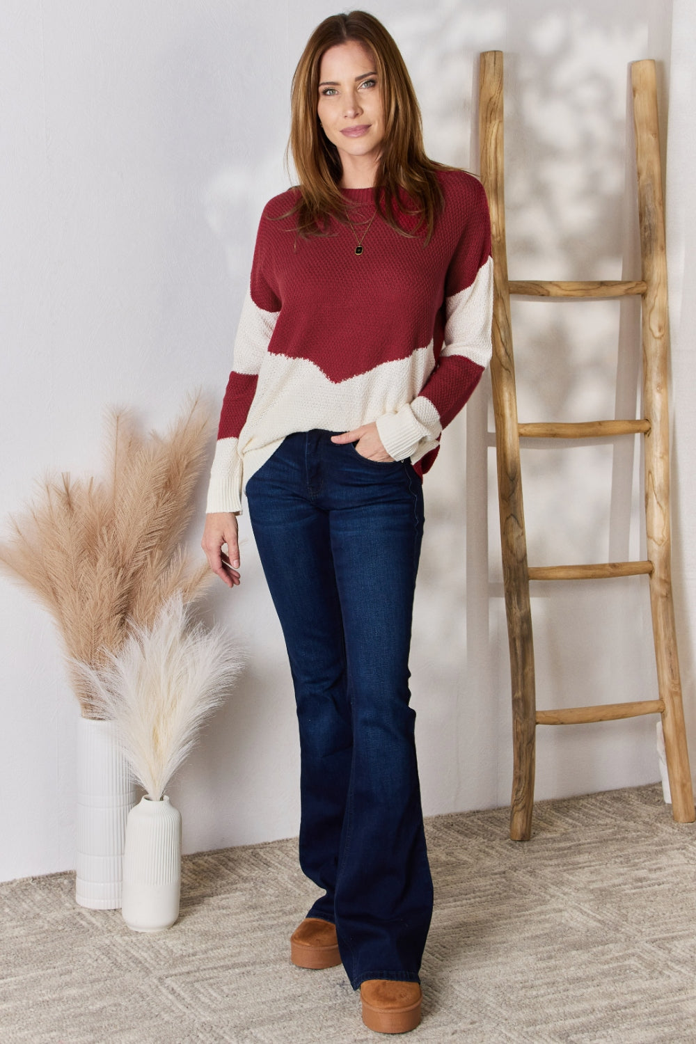 Hailey & Co Full Size Color Block Dropped Shoulder Knit Top - UrbanEthereal