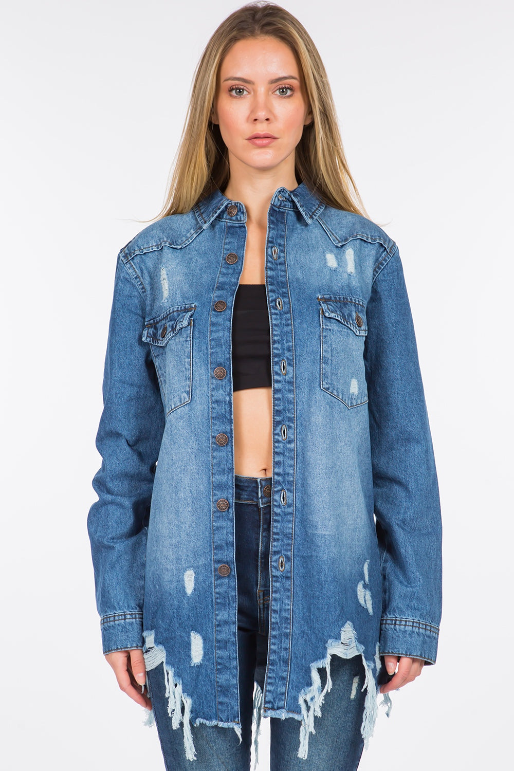 American Bazi Distressed Frayed Hem Denim Jacket - UrbanEthereal