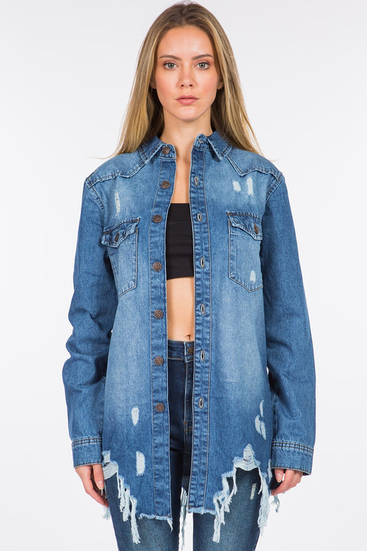 American Bazi Distressed Frayed Hem Denim Jacket - UrbanEthereal