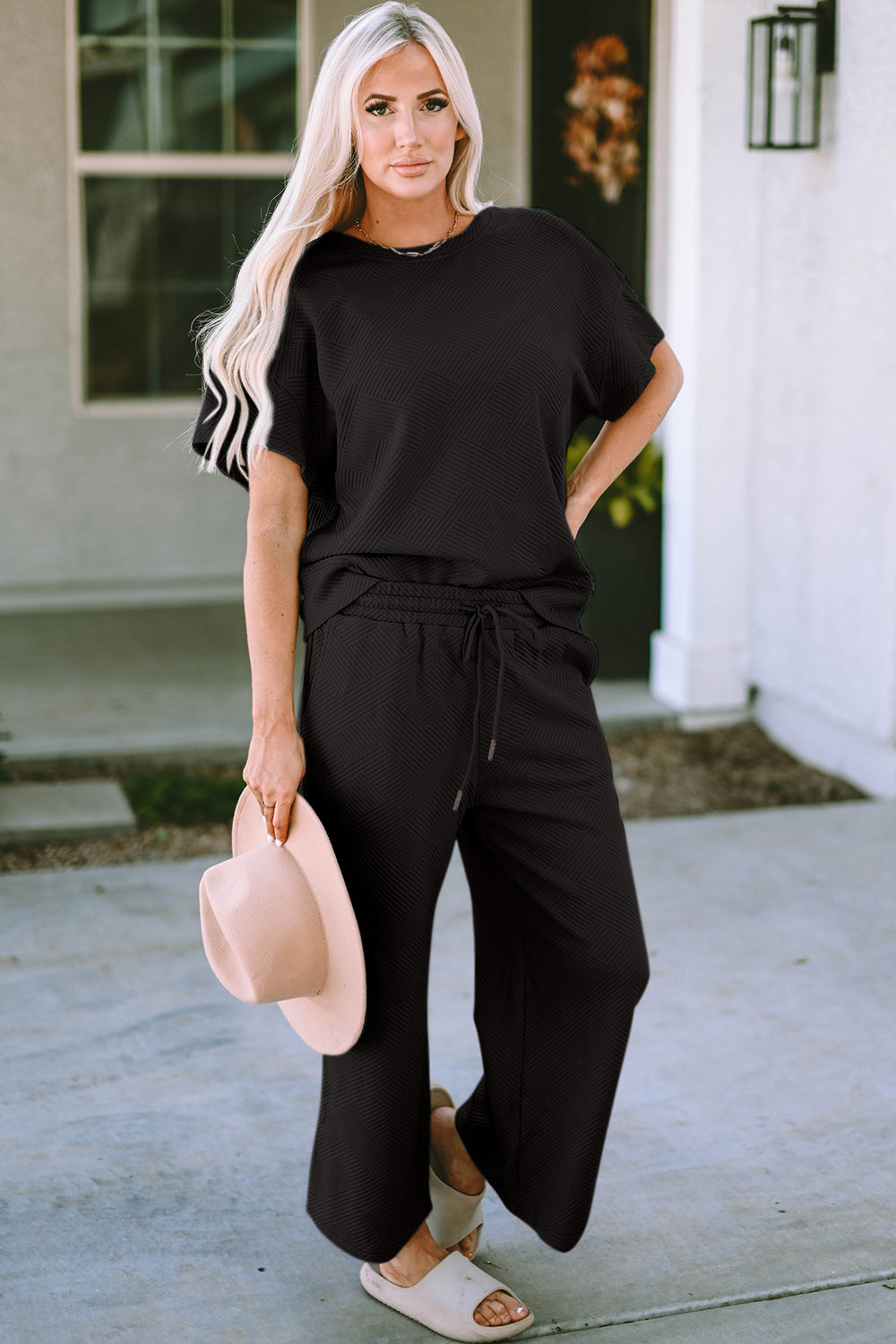 Double Take Full Size Texture Short Sleeve Top and Pants Set - UrbanEthereal
