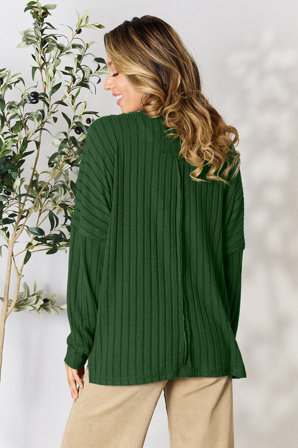 Basic Bae Full Size Ribbed Round Neck Slit Knit Top - UrbanEthereal