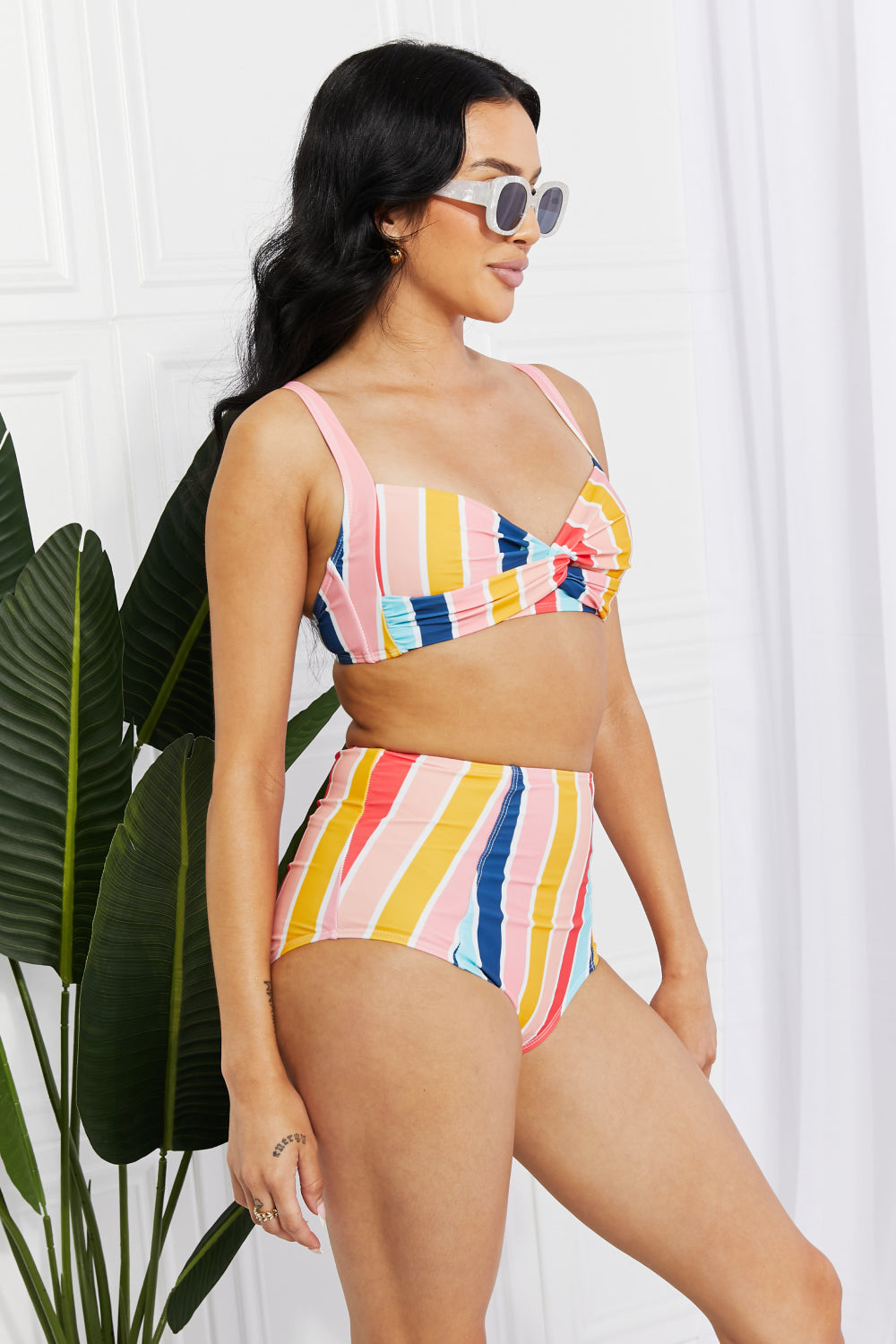 Marina West Swim Take A Dip Twist High-Rise Bikini in Stripe - UrbanEthereal