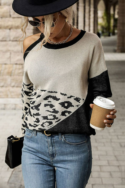 Perfee Leopard Color Block Cold-Shoulder Sweater