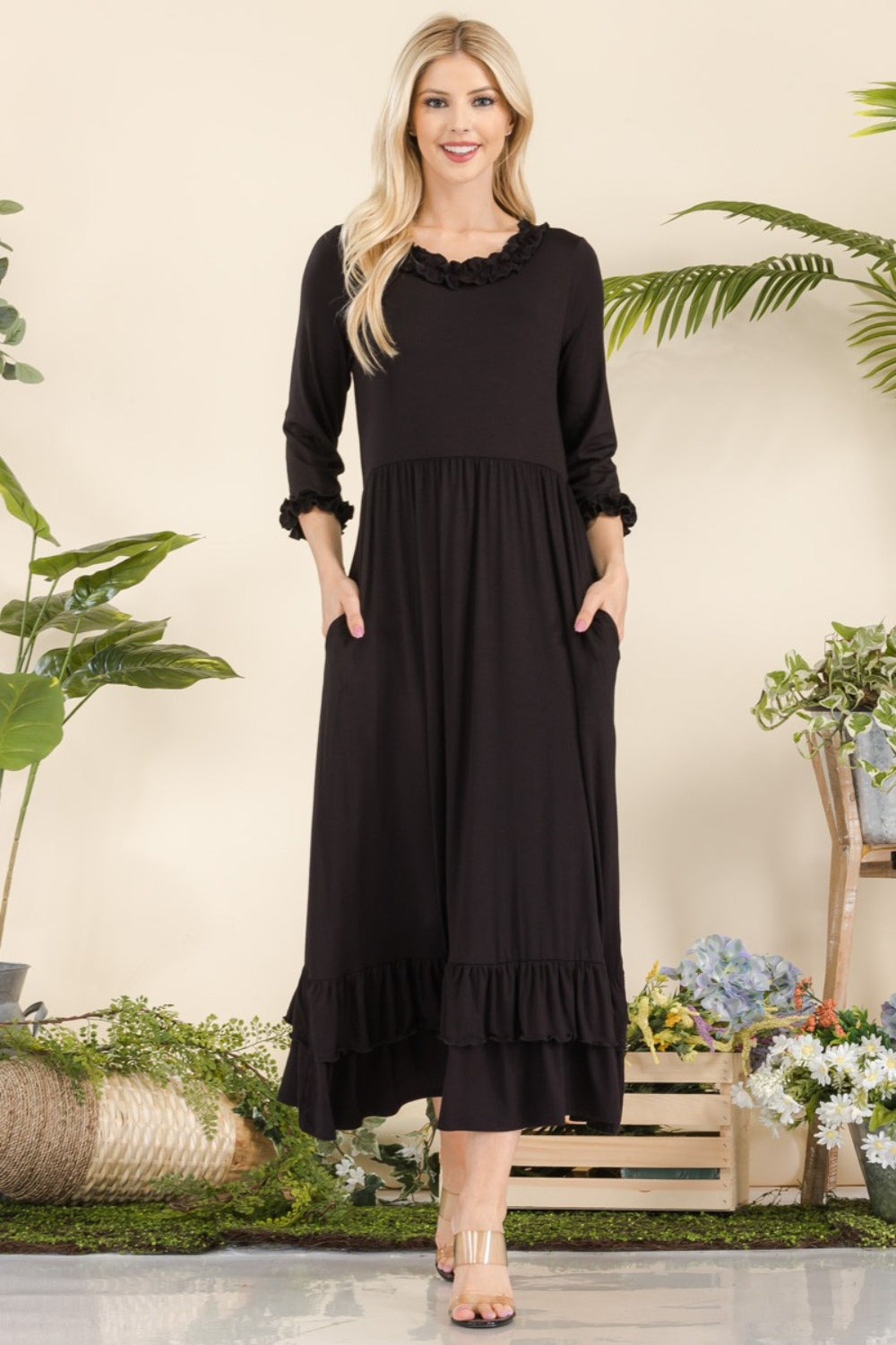 Celeste Full Size Layered Ruffle Hem Dress with Pockets - UrbanEthereal
