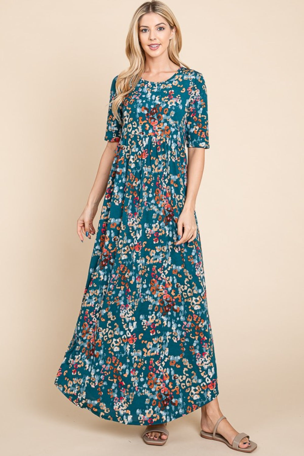 BOMBOM Printed Shirred Maxi Dress - UrbanEthereal