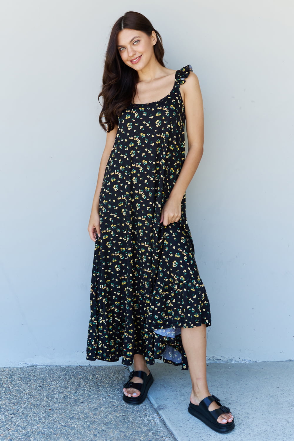 Doublju In The Garden Ruffle Floral Maxi Dress in Black Yellow Floral - UrbanEthereal