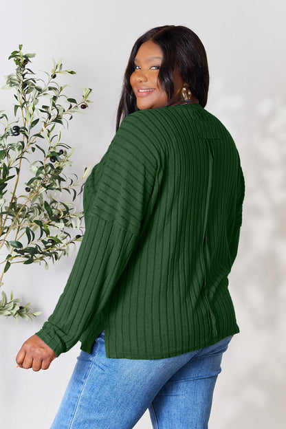 Basic Bae Full Size Ribbed Round Neck Slit Knit Top - UrbanEthereal
