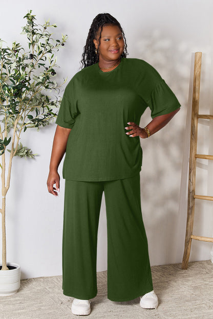 Double Take Full Size Round Neck Slit Top and Pants Set - UrbanEthereal