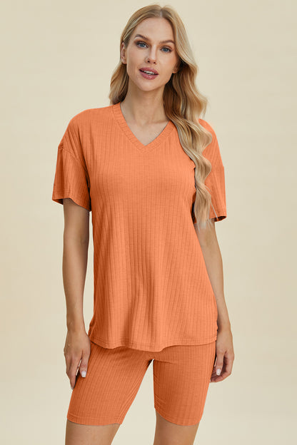 Basic Bae Full Size Ribbed V-Neck Short Sleeve Top and Shorts Set - UrbanEthereal