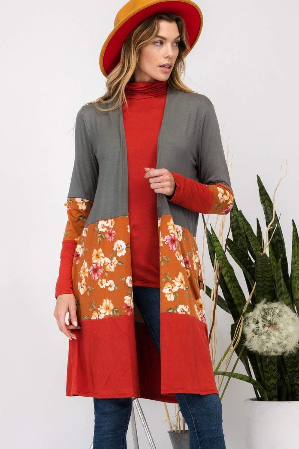Celeste Full Size Floral Color Block Open Front Cardigan - UrbanEthereal