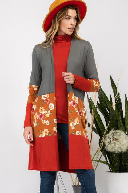 Celeste Full Size Floral Color Block Open Front Cardigan - UrbanEthereal