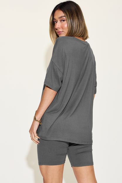 Basic Bae Full Size V-Neck Drop Shoulder T-Shirt and Shorts Set - UrbanEthereal