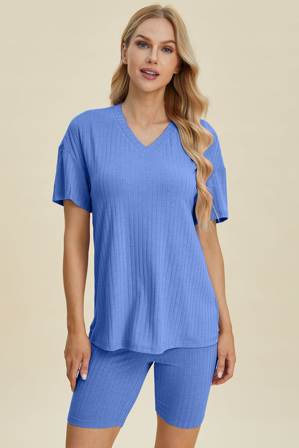 Basic Bae Full Size Ribbed V-Neck Short Sleeve Top and Shorts Set - UrbanEthereal