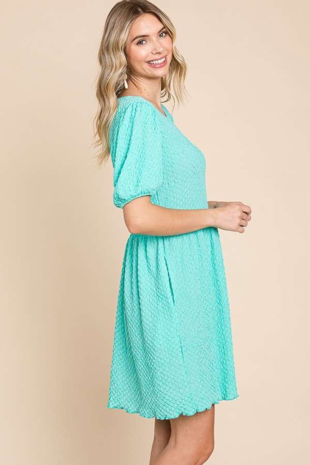 Culture Code Full Size Textured Round Neck Puff Sleeve Dress - UrbanEthereal