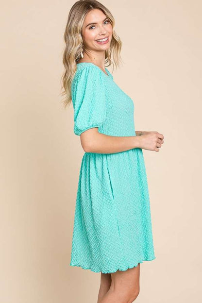 Culture Code Full Size Textured Round Neck Puff Sleeve Dress - UrbanEthereal