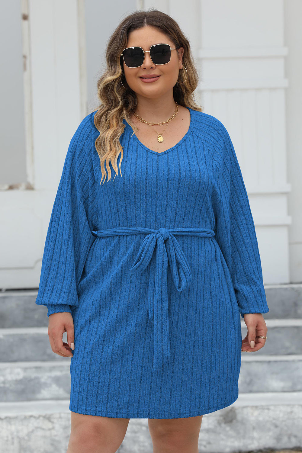 Plus Size Ribbed Tie Front Long Sleeve Sweater Dress - UrbanEthereal