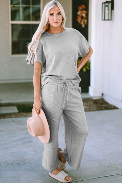 Double Take Full Size Texture Short Sleeve Top and Pants Set - UrbanEthereal