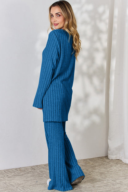 Basic Bae Full Size Ribbed High-Low Top and Wide Leg Pants Set - UrbanEthereal