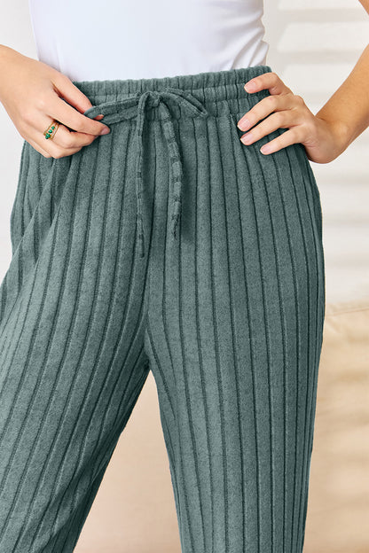 Basic Bae Full Size Ribbed Drawstring Hooded Top and Straight Pants Set - UrbanEthereal