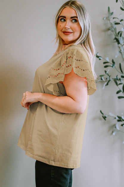 Plus Size Eyelet Round Neck Short Sleeve Blouse - UrbanEthereal