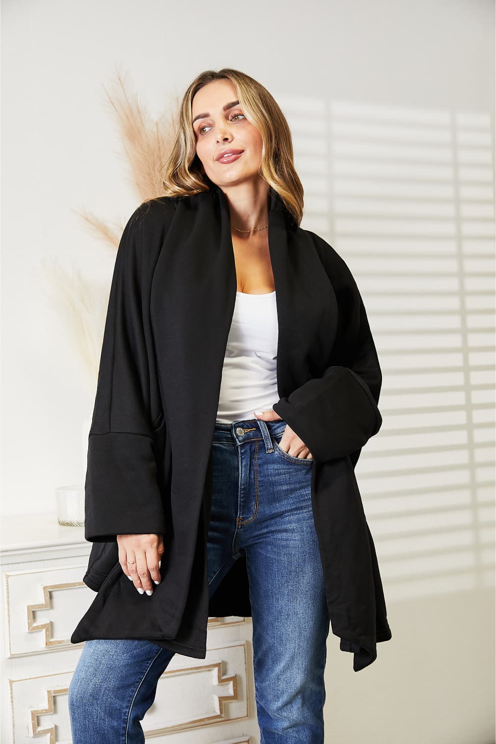 HEYSON Full Size Open Front Cardigan with Scarf Design - UrbanEthereal