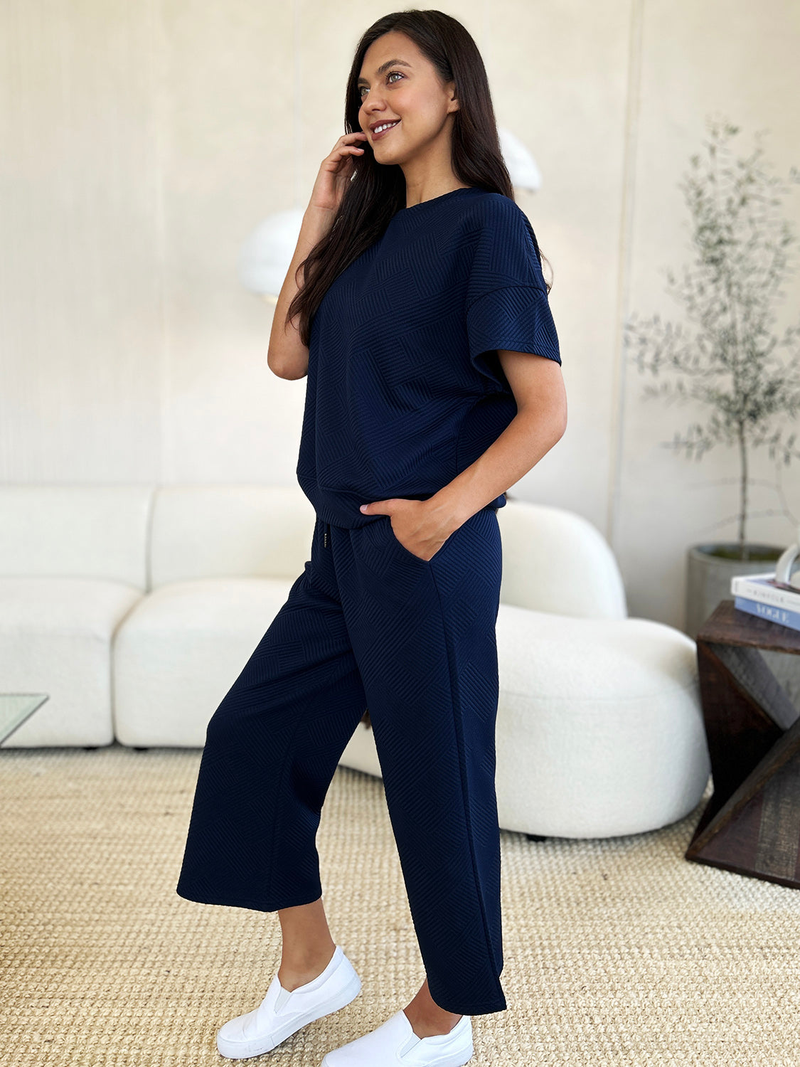 Double Take Full Size Texture Short Sleeve Top and Pants Set - UrbanEthereal