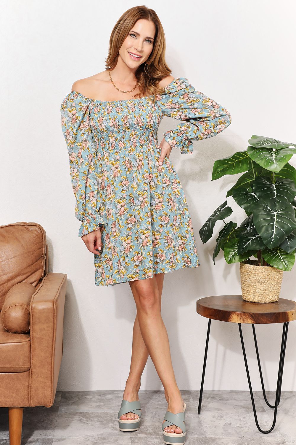 Floral Smocked Flounce Sleeve Square Neck Dress - UrbanEthereal