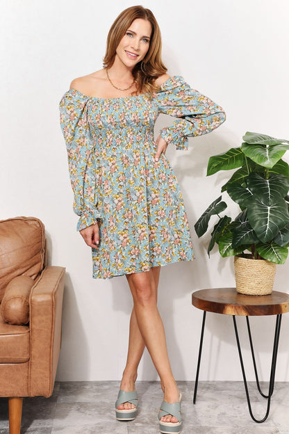 Floral Smocked Flounce Sleeve Square Neck Dress - UrbanEthereal