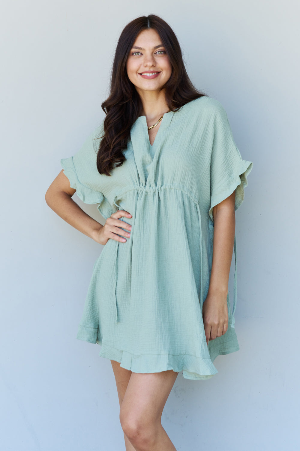 Ninexis Out Of Time Full Size Ruffle Hem Dress with Drawstring Waistband in Light Sage - UrbanEthereal